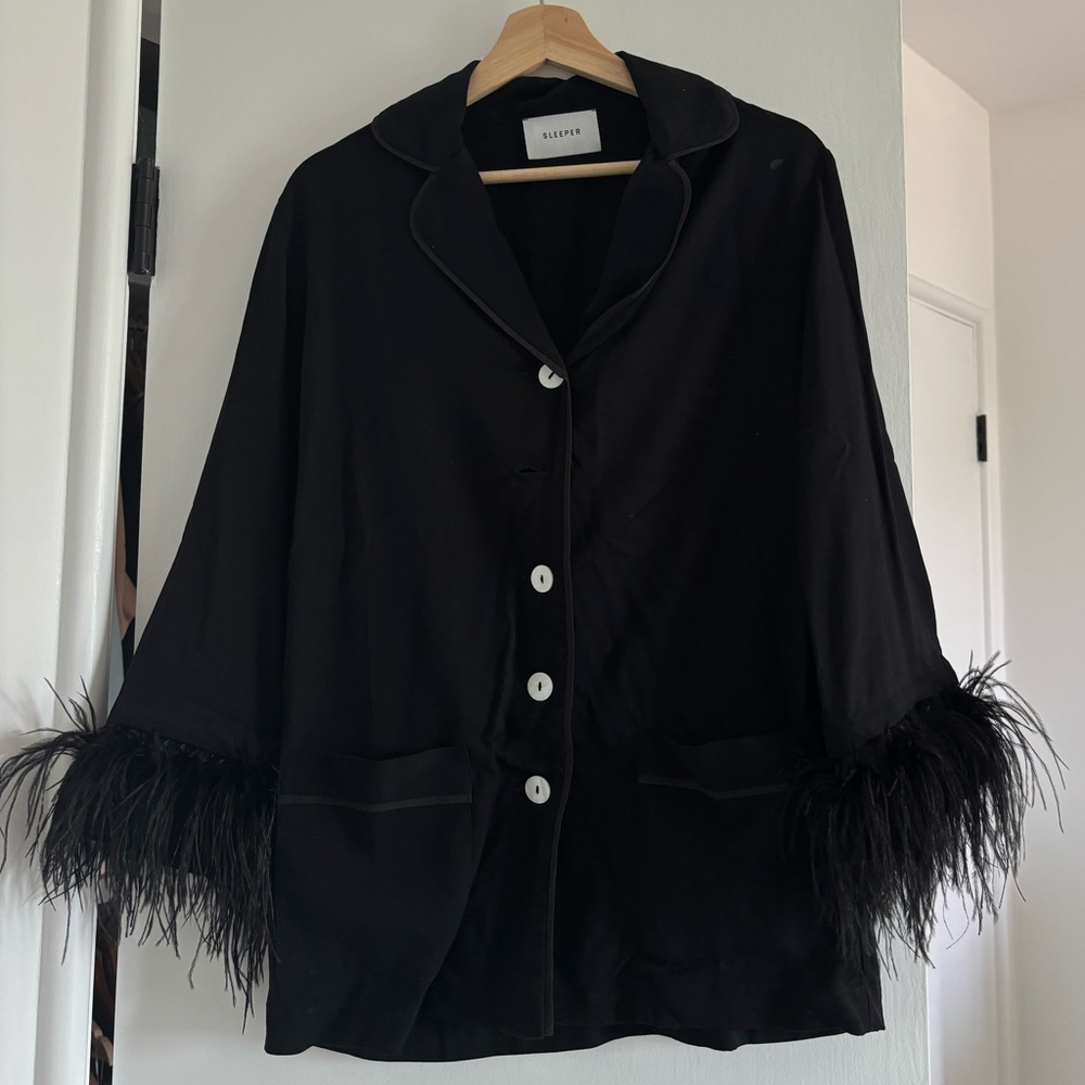 Sleeper Black Feather-Trim Silk Pajama Jacket